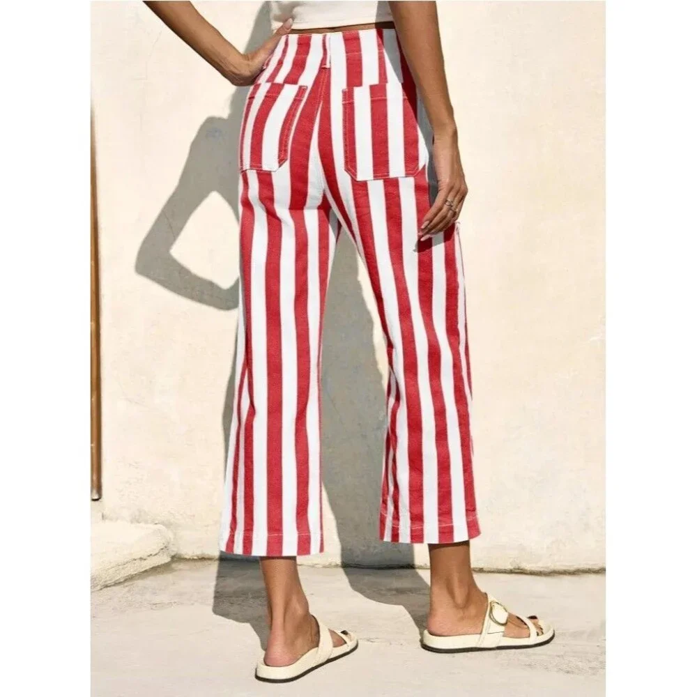 Imily Bela Wide-Leg Cropped High Rise Jeans Vertical Stripe Size 4 Red White NWT